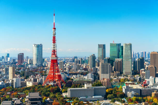 Tokyo tower, Japan. Tokyo City Skyline. Asia, Japan famous tourist destination. Aerial view of Tokyo tower. Japanese central business district, downtown building and tower in Tokyo, Japan cityscape.
